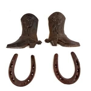 VTG Lot of 4 Rustic Cast Iron Cowboy Boot and Horseshoe Western Wall Decor
